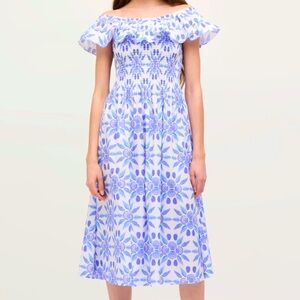 Hill House Akilah Nap Dress Shirred Smocked Off the Shoulder Blue Shell Mosaic